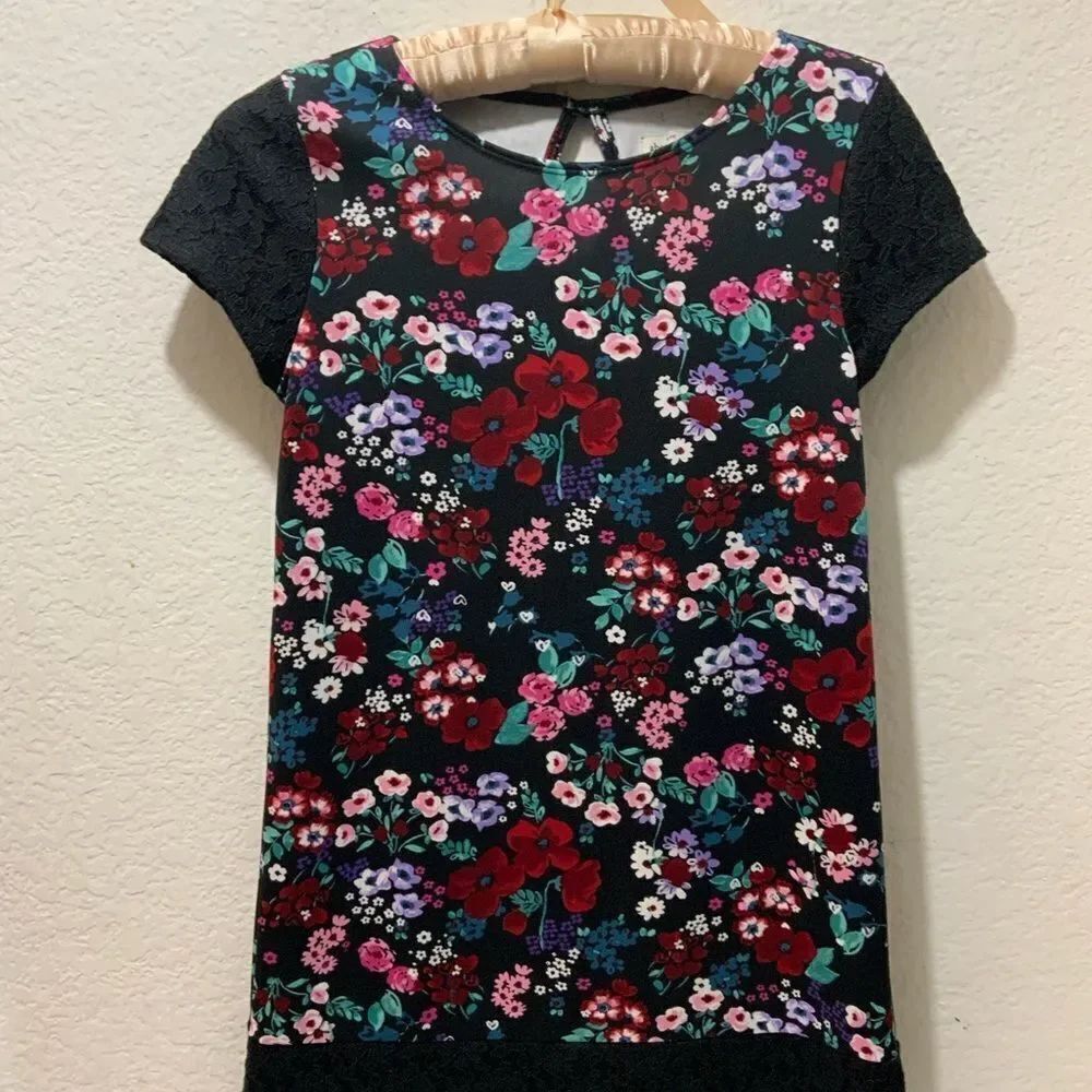 Abercrombie Girls Dress Black Red Size 13/14 A Line Casual Short Sleeve Floral